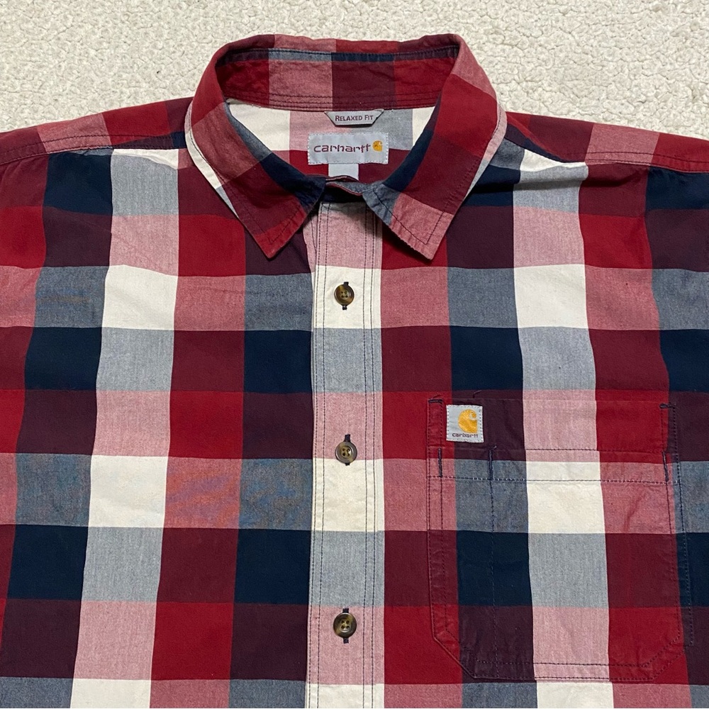 Carhartt Shirt Mens L Red Plaid Button Up Relaxed Fit Short Sleeve Pocket